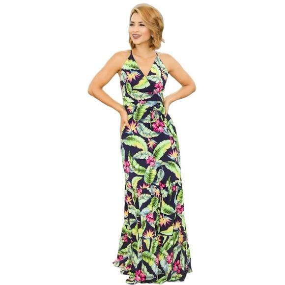 Tropical sleevless maxi dress criss cross straps size medium - Picture 1 of 15